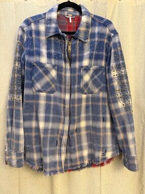 Free People Blue Plaid Studded Zip Jacket